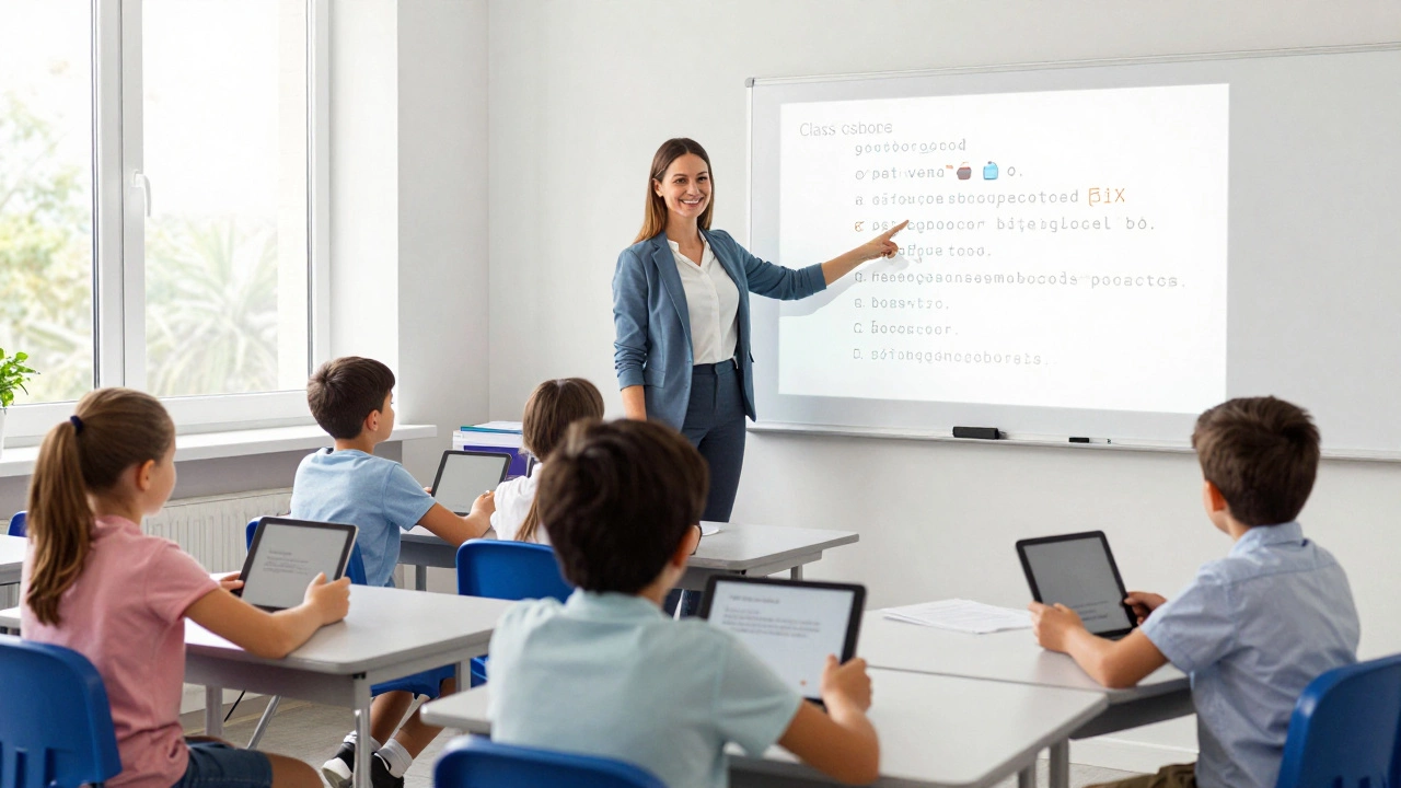 Teacher helping students use tablets in a bright UK classroom