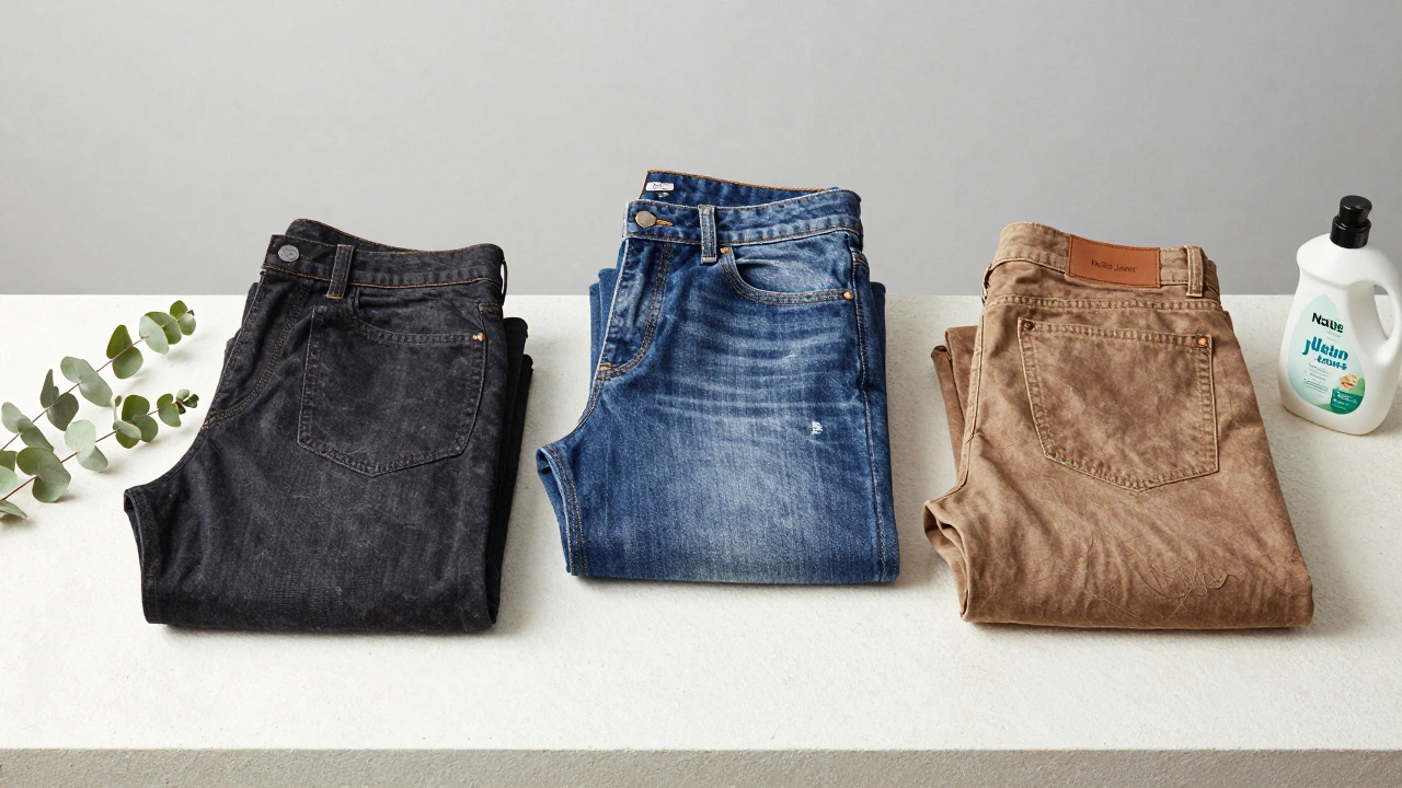 Three styles of premium jeans displayed with greenery