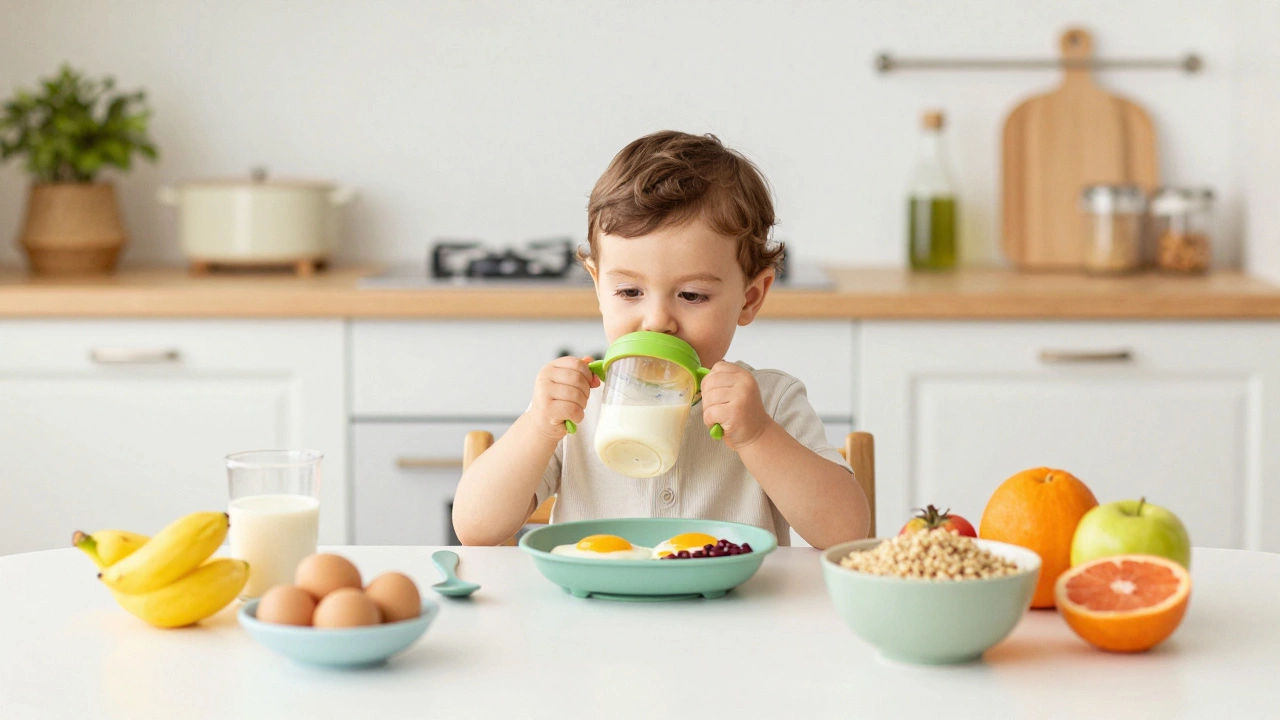 Toddler eating balanced meal with sippy cup of milk