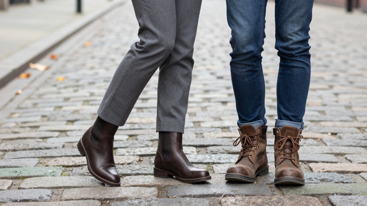 Woman wearing different styles of boots on a UK cobblestone street.