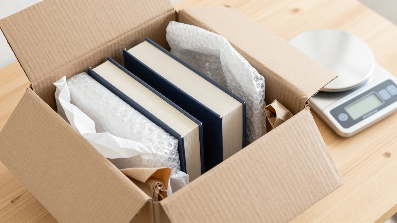 Books wrapped in protective material inside a cardboard box on a scale
