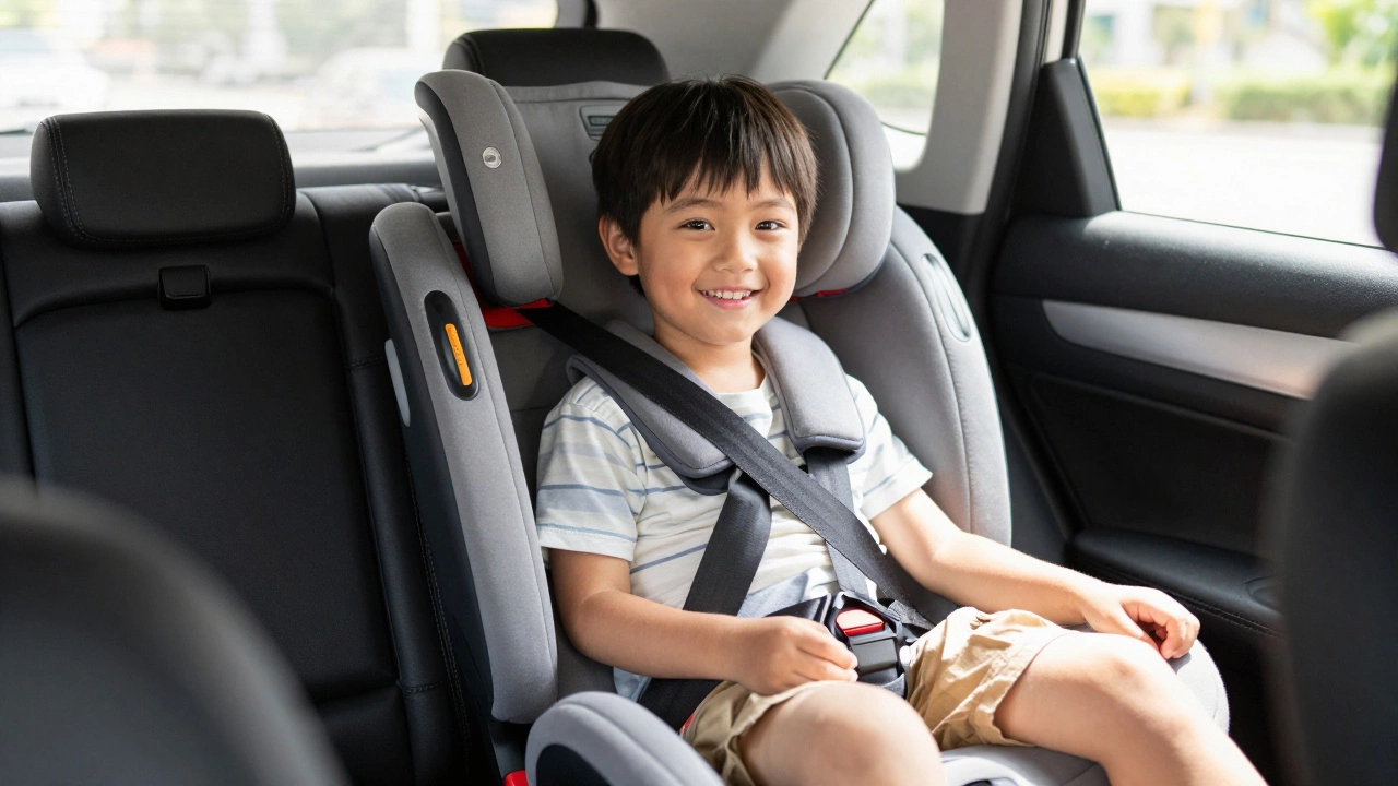 Child sitting correctly in a high-back booster seat with proper belt fit