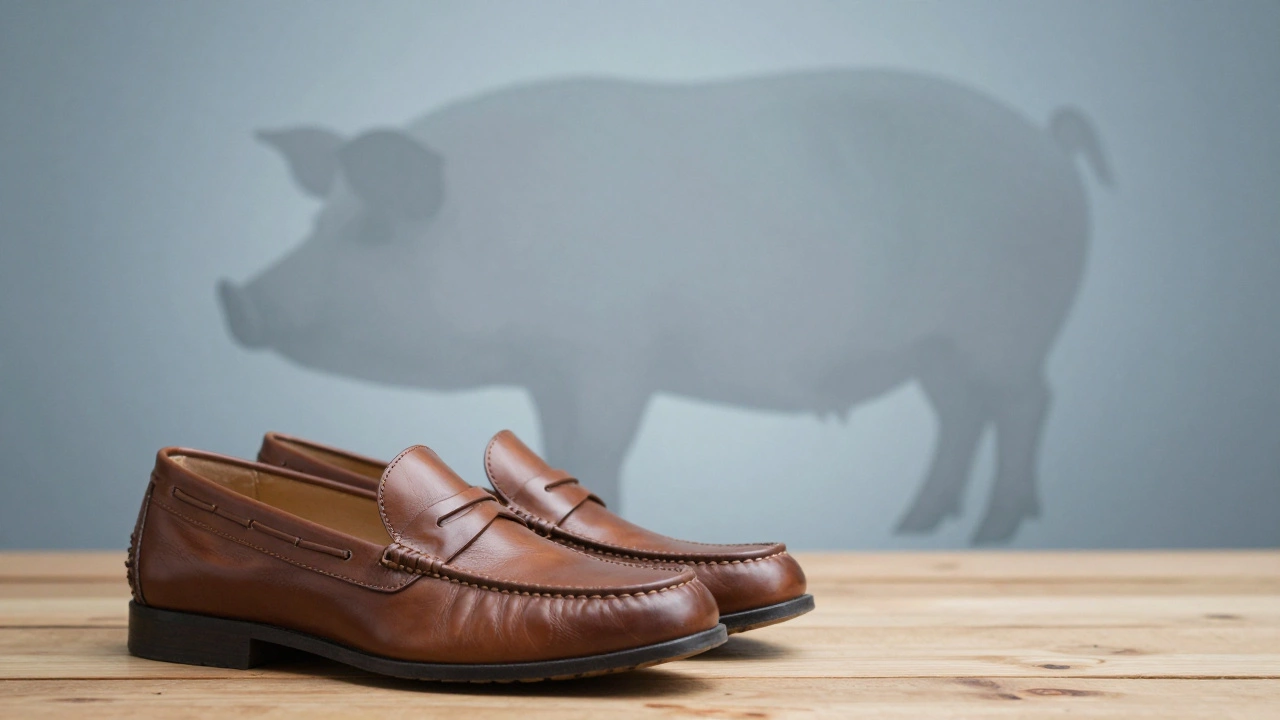 Classic loafers with a faded pig silhouette in the background