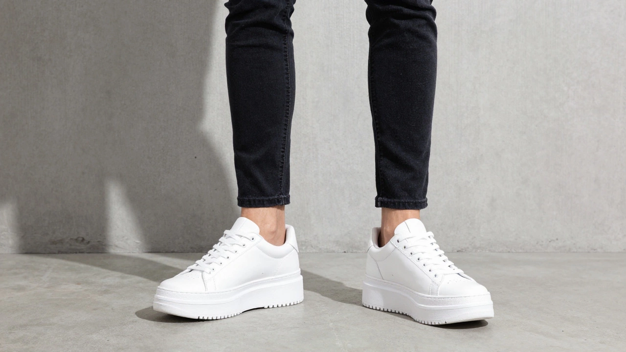 Close up of black skinny jeans tucked into chunky platform sneakers