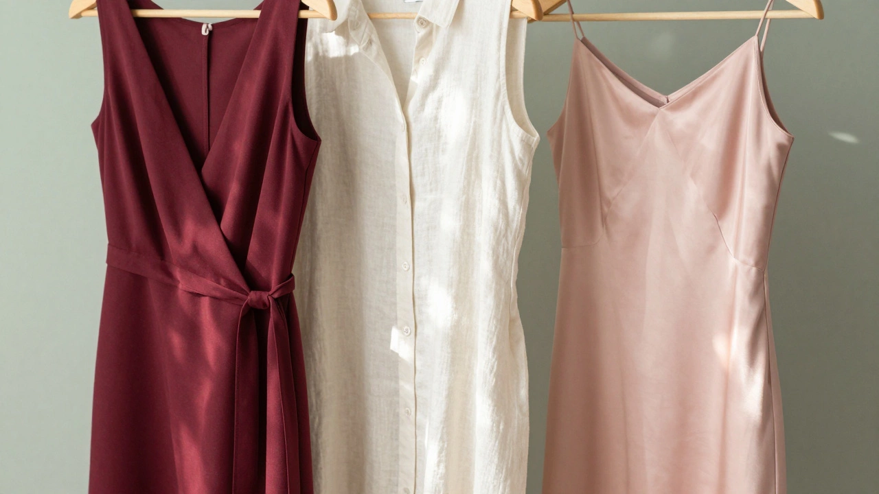 Close up of silk, viscose, and linen dresses on a rack