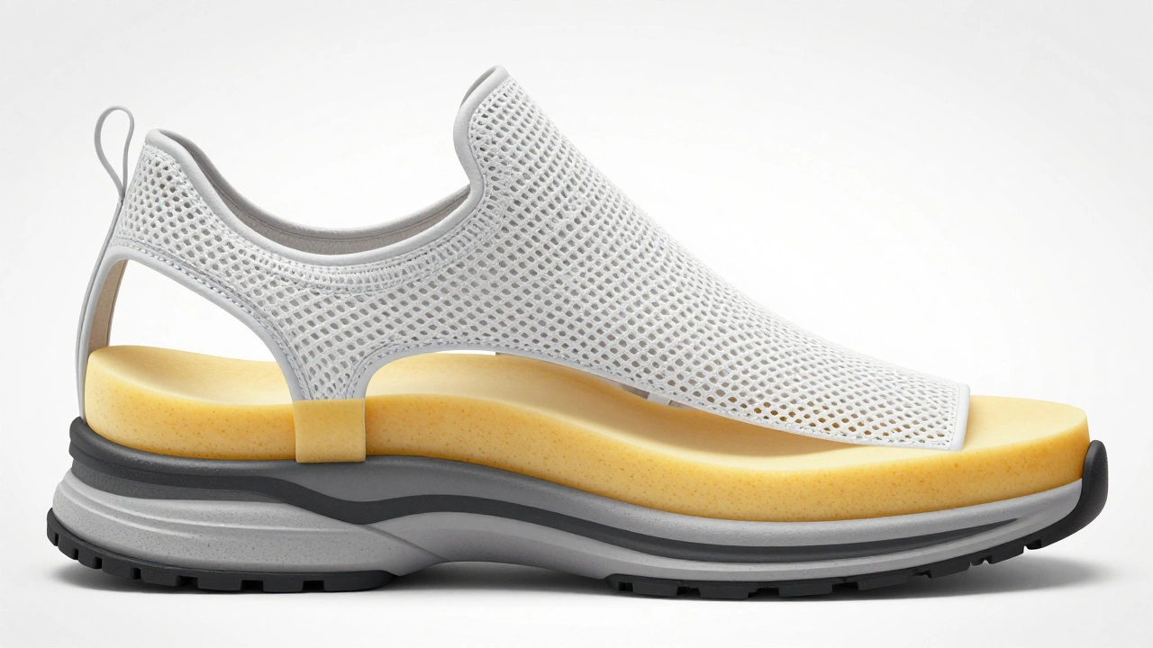 Cross-section of a shoe showing memory foam and rubber sole