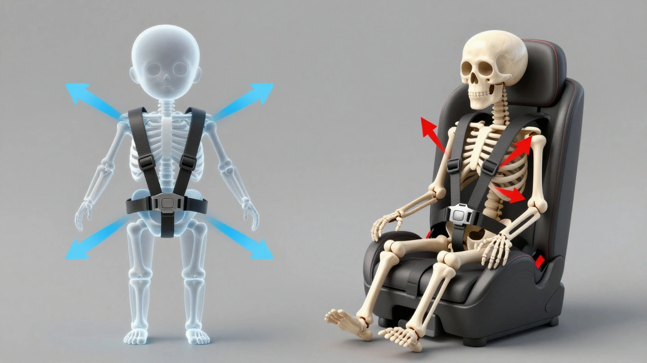 Diagram showing harness vs booster seat safety force distribution