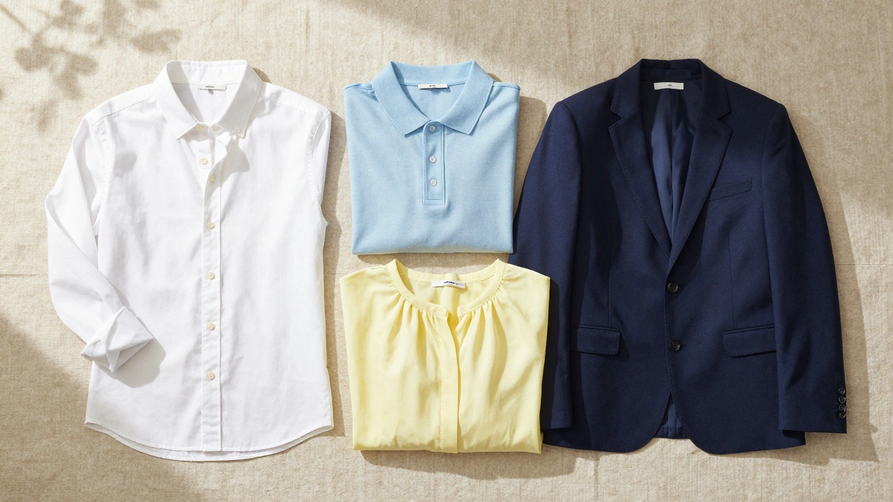 Flat lay of cool summer clothes in white blue and pastel
