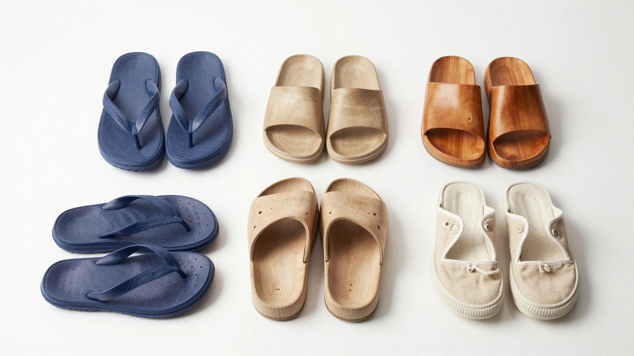 Flat lay of flip flops slides clogs and plimsolls