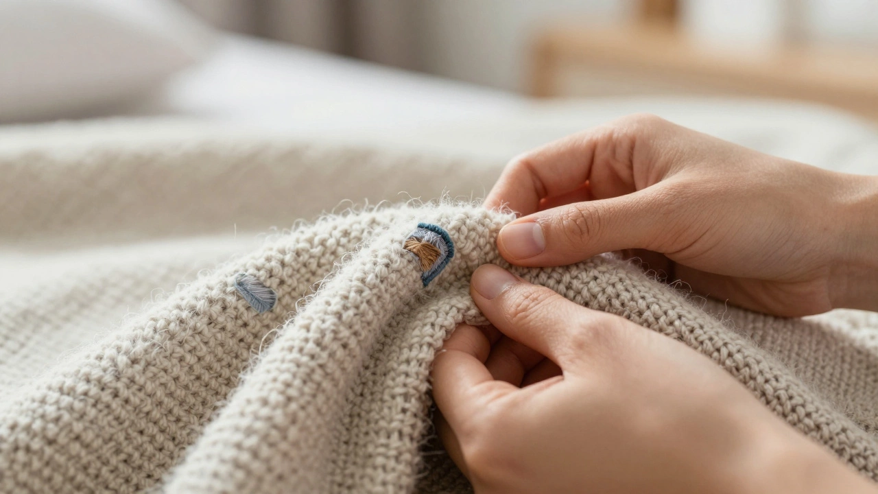 Hands carefully folding an old, repaired wool blanket in soft daylight