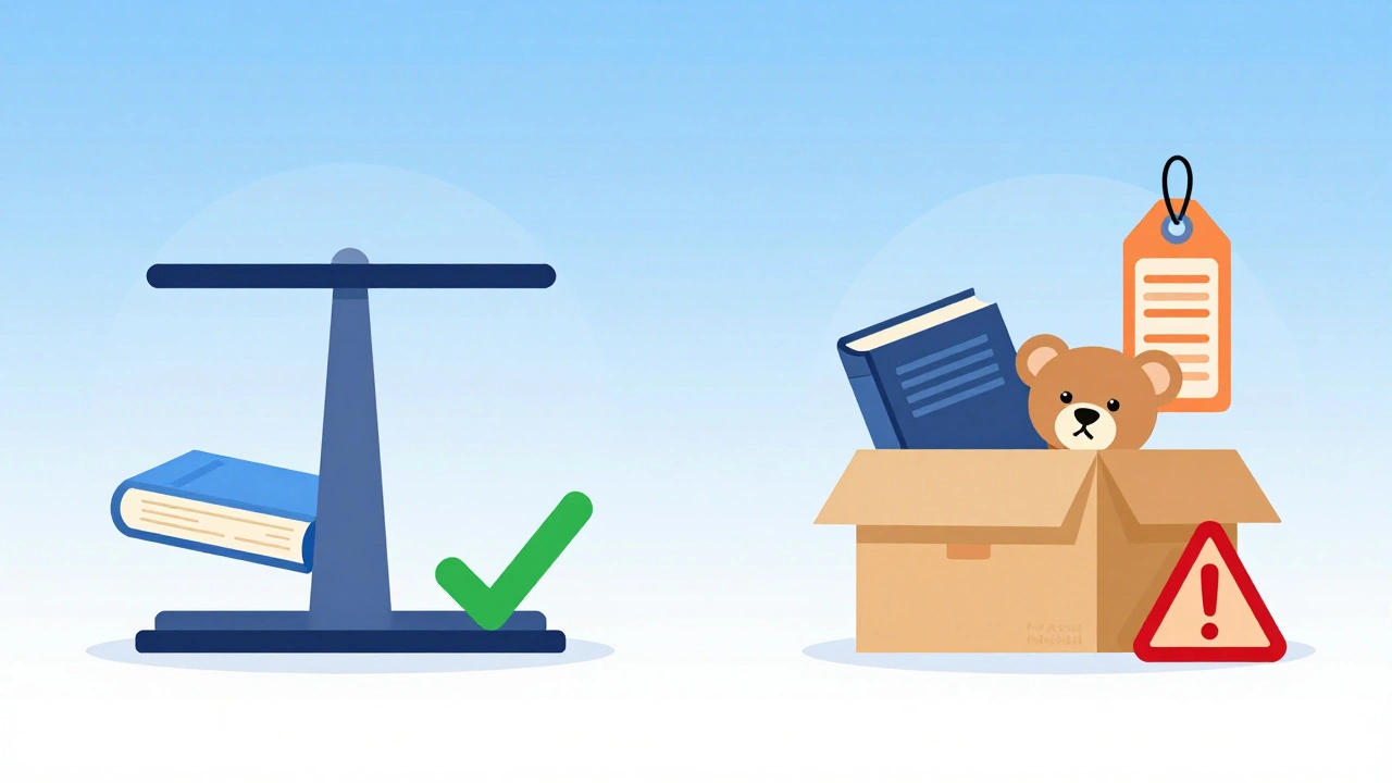 Illustration comparing correct book shipping vs mixed items with warning signs.