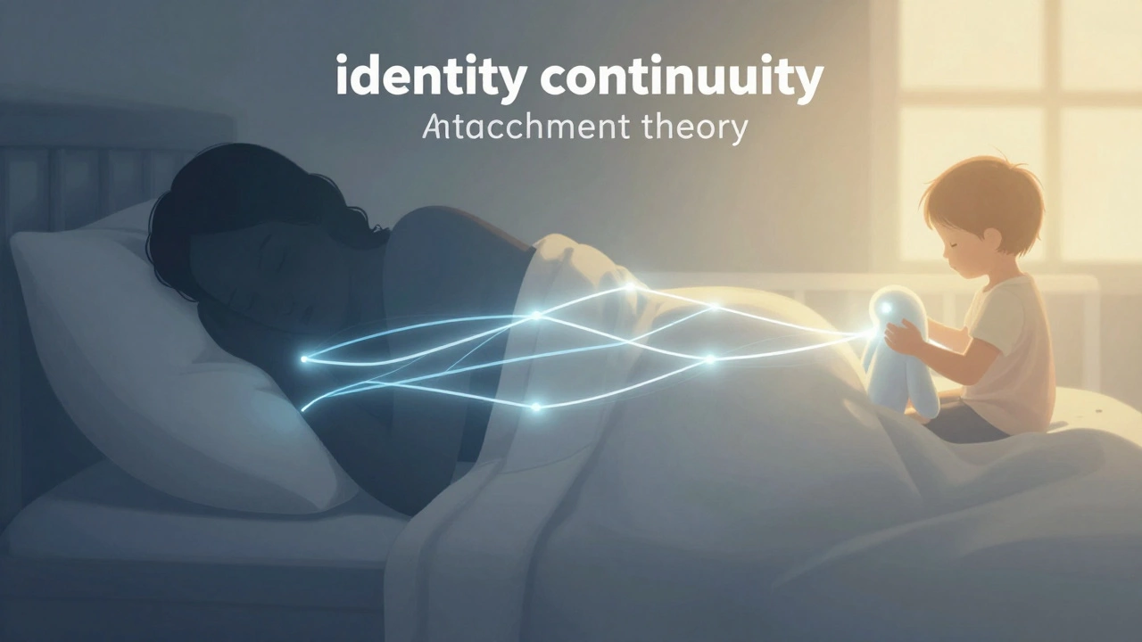 Illustration connecting sleeping adult to childhood memory via light threads