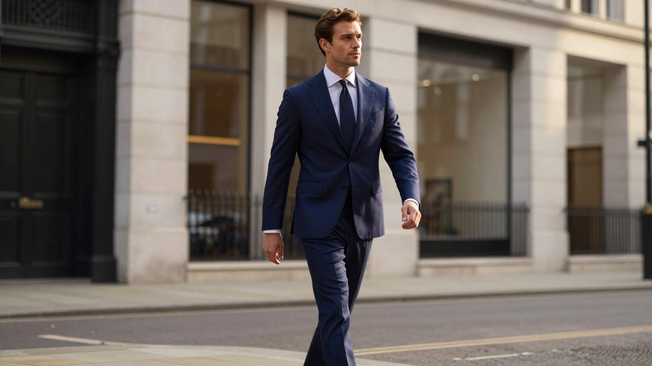 Man wearing a well-fitted navy suit walking in a city street
