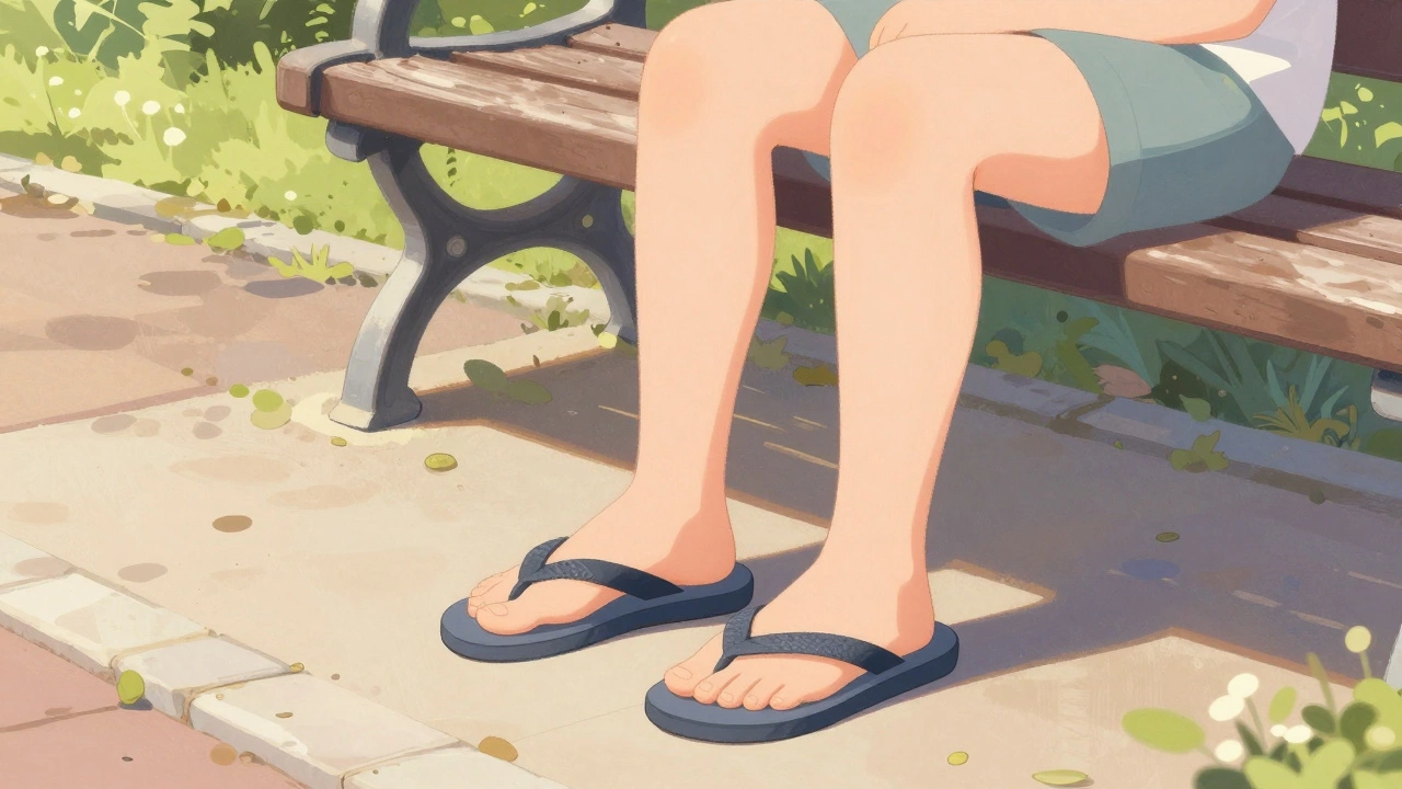 Person wearing flip flops in a UK park setting