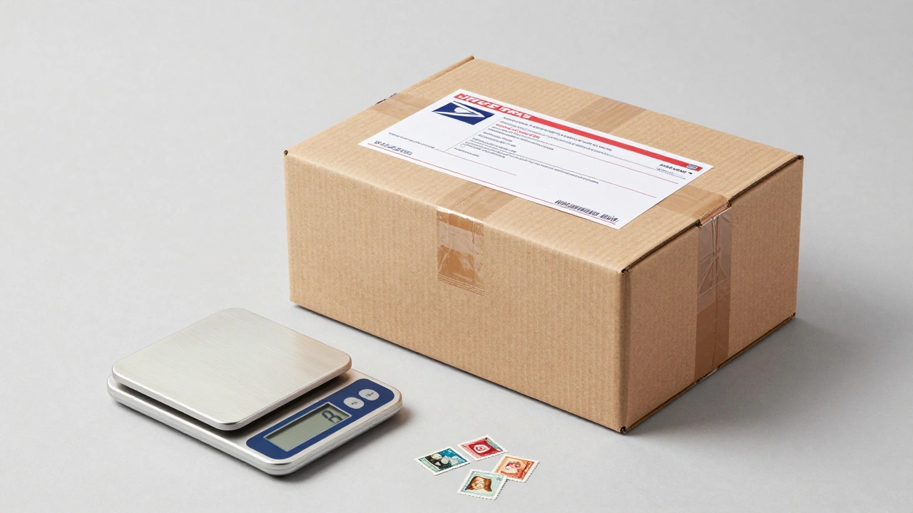 Sealed cardboard package on a scale next to shipping labels and stamps.