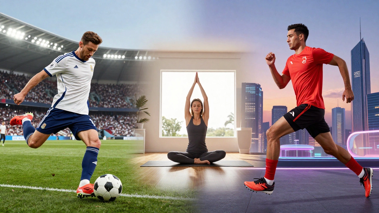 Split image showing Adidas soccer, Anta running, and Lululemon yoga