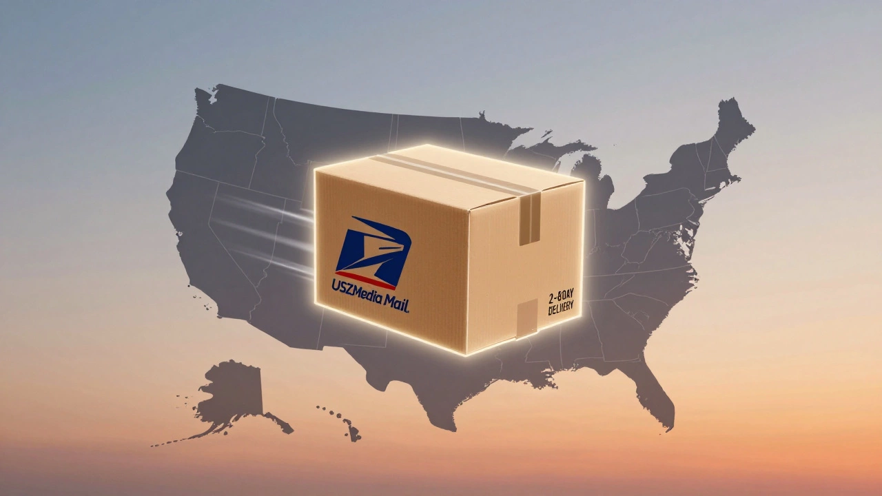 Stylized graphic of a book-filled package traveling across a map