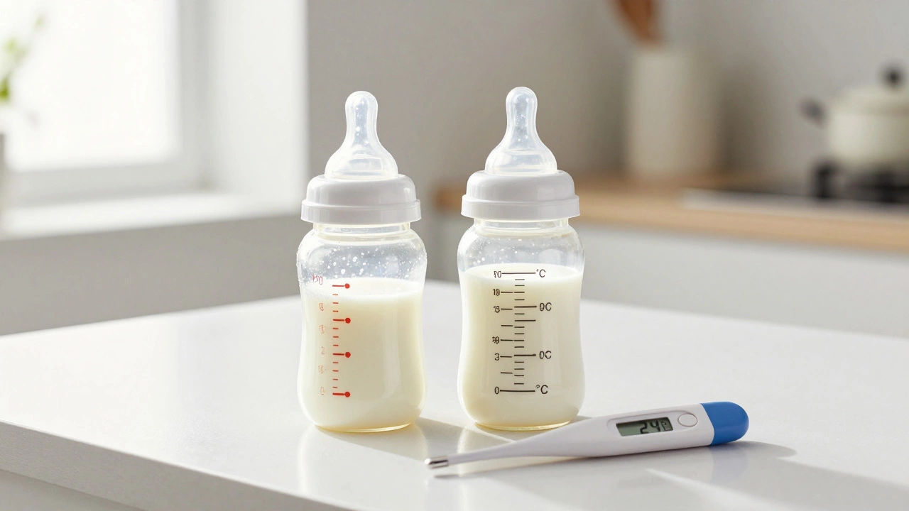 Two baby bottles with breastmilk and formula on counter