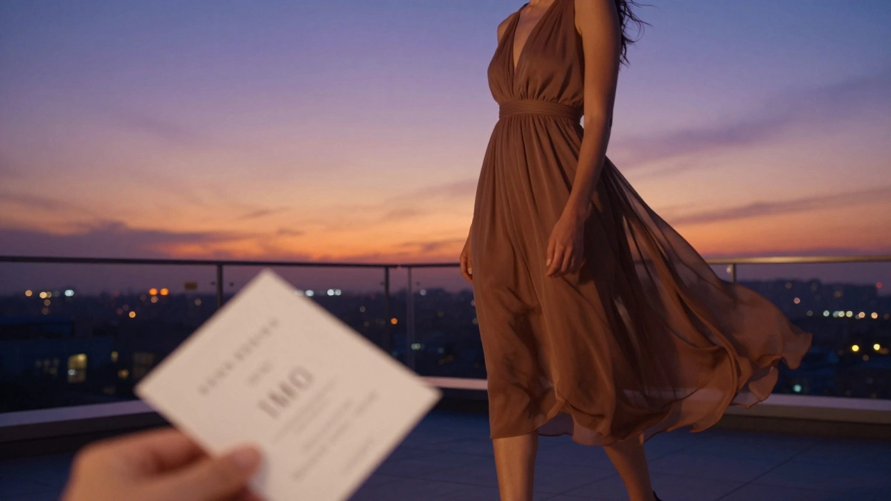Woman in midi dress on rooftop at sunset holding invitation