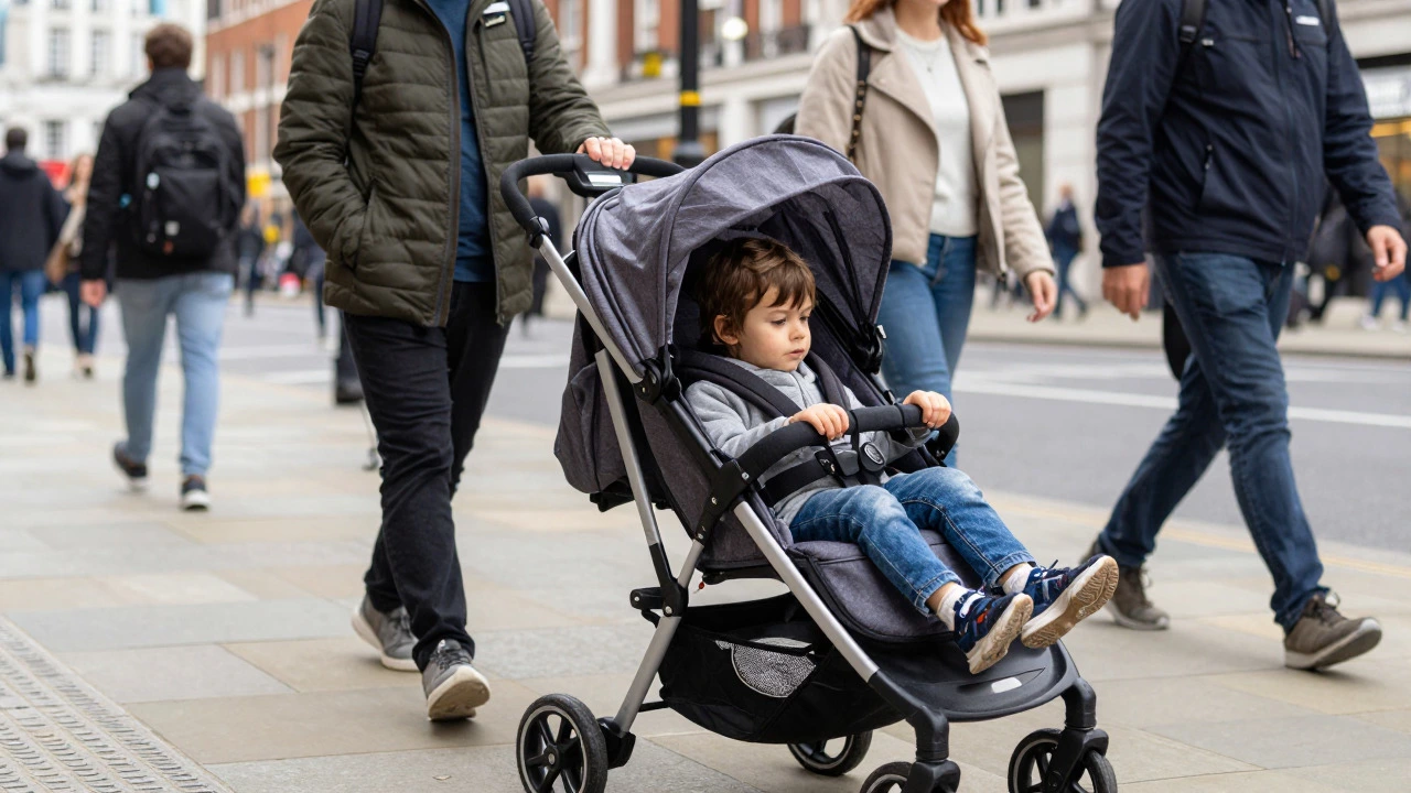 Child sitting in sporty stroller while walking through busy city street