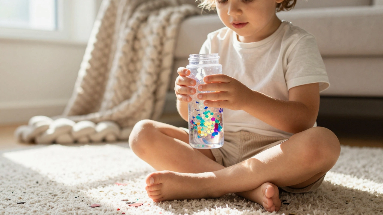 Child watching glitter swirl in a sensory bottle on a rug