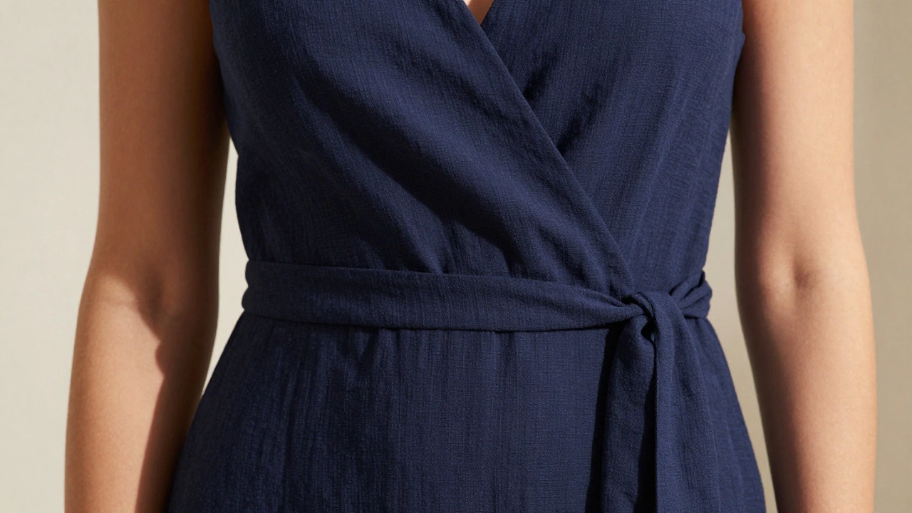 Close-up of navy wrap dress highlighting flattering waist and V-neckline