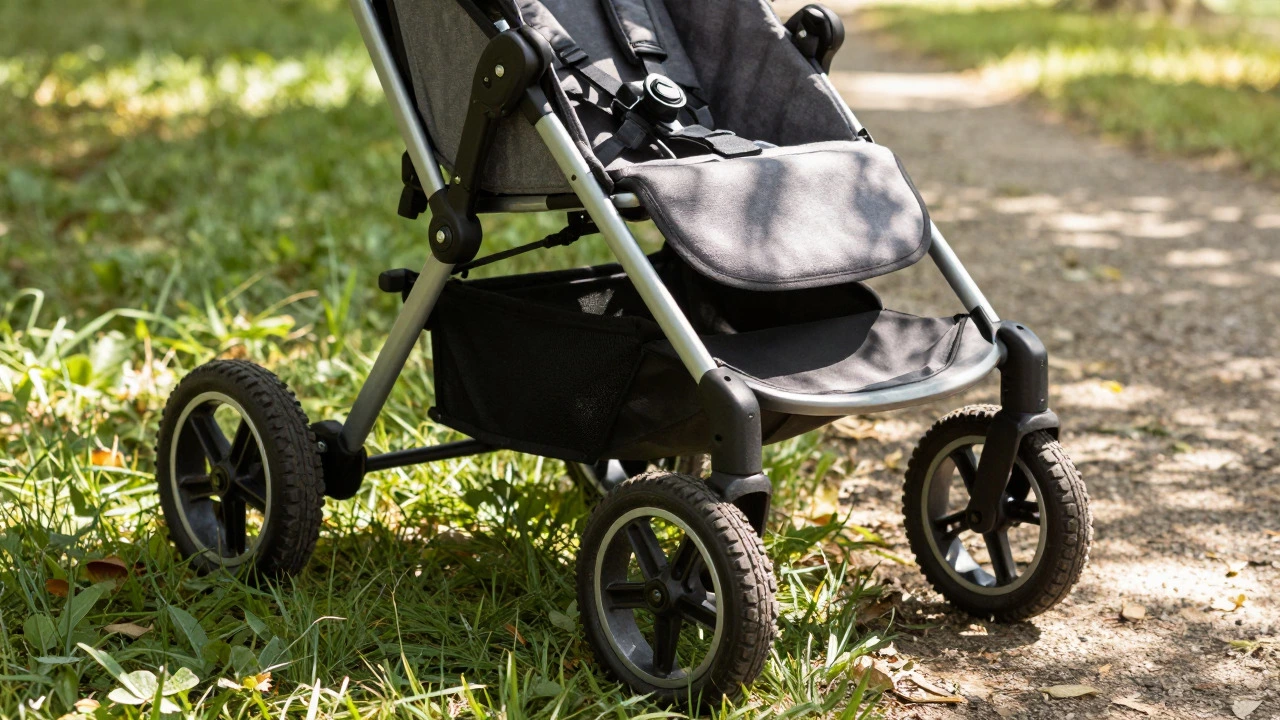 Close-up of sturdy jogging stroller frame and harness on grassy trail