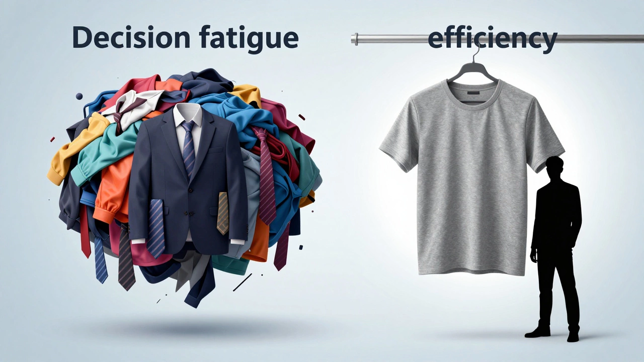 Conceptual art contrasting chaotic choices with a single grey tee
