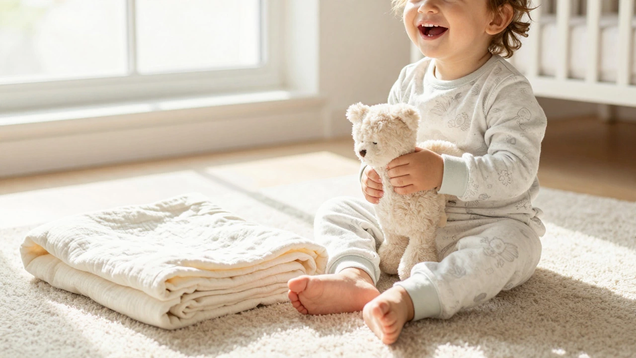 Happy toddler in footed pajamas with blanket