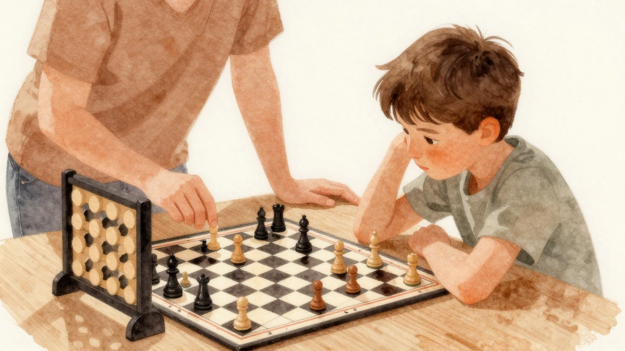 Illustration of a child and adult playing a strategy board game together