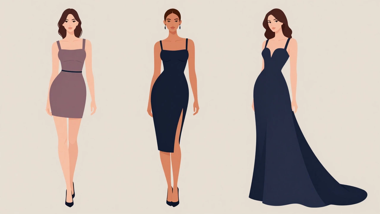 Illustration of three women in mini, midi, and maxi dresses