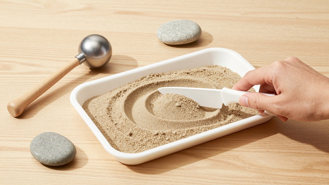 Kinetic sand, infinity putter, and worry stones on a wooden table