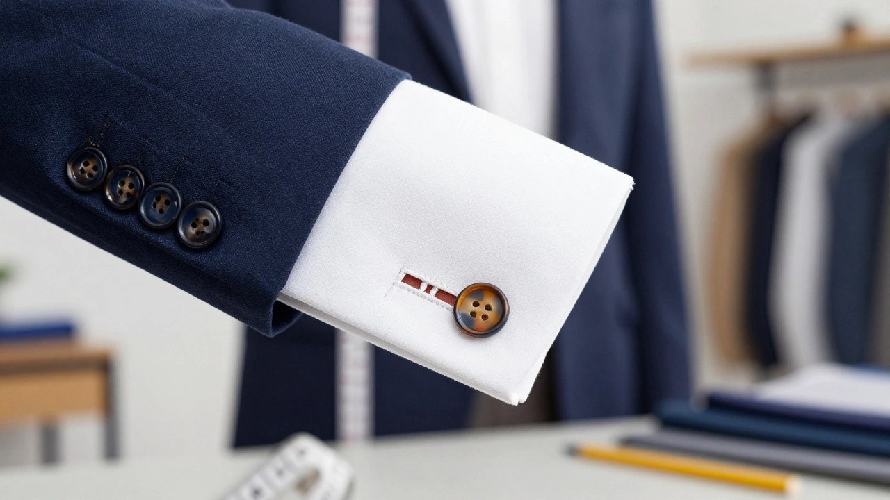 Macro shot of functional buttonholes on a quality suit sleeve