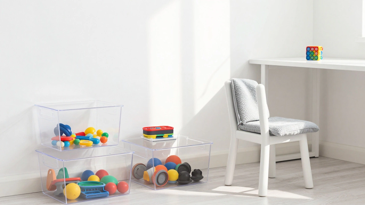 Organized play area with clear bins, weighted pad, and fidget tool