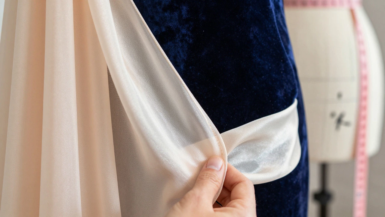 Silk and velvet fabric swatches with tailor tools in background