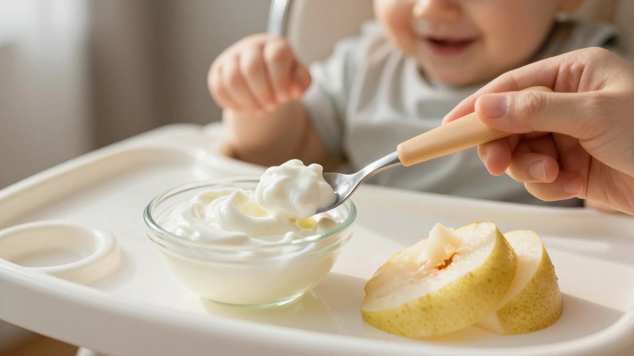 Spoon of plain yogurt and fruit on baby high chair