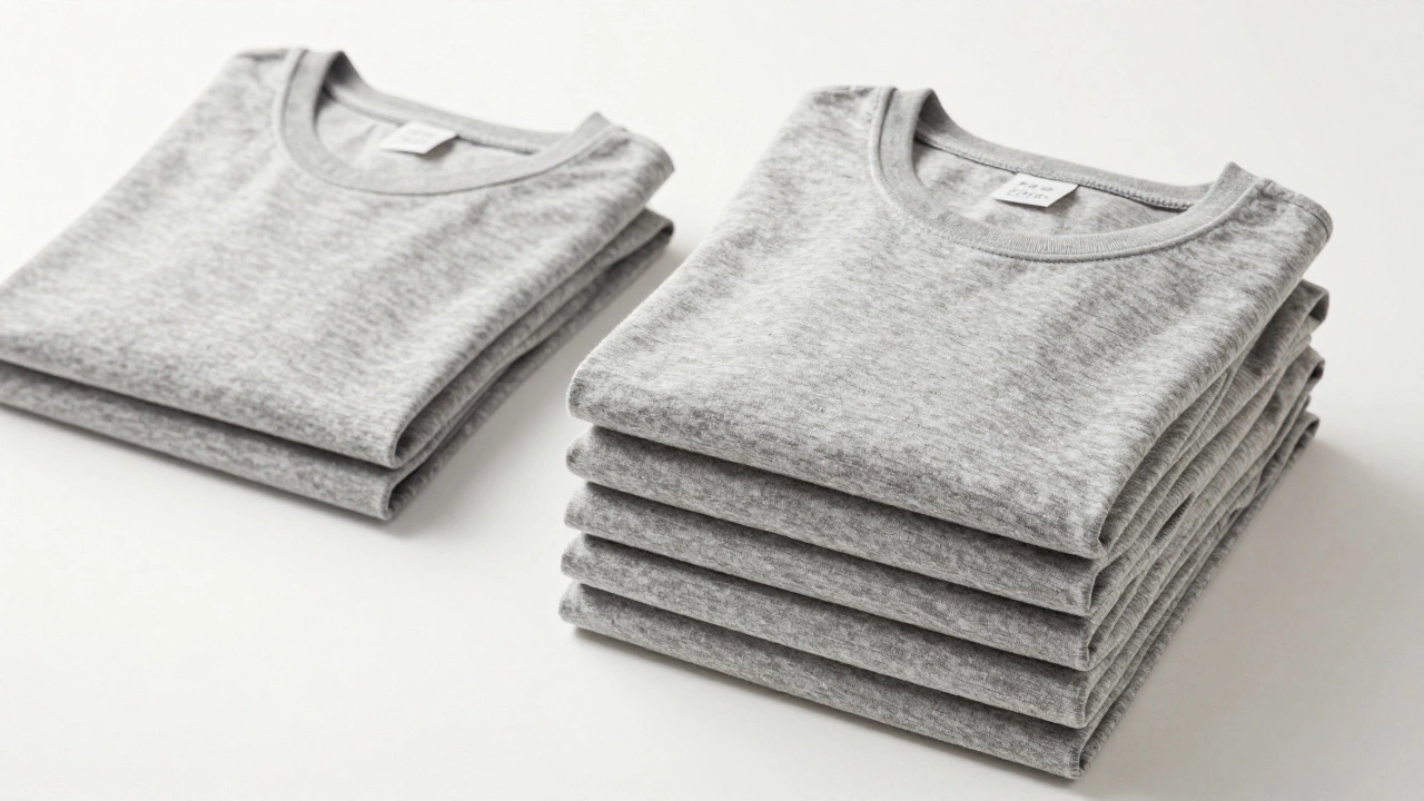 Stack of identical grey t-shirts representing wardrobe simplicity