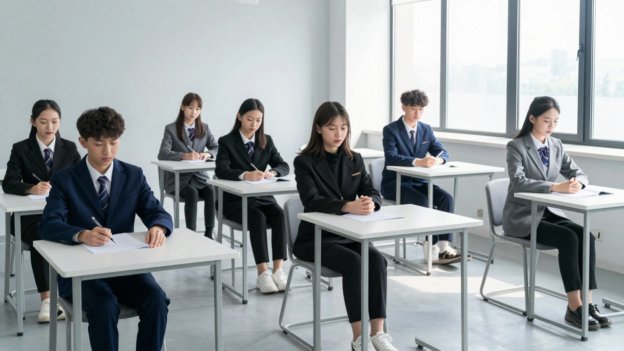 Students in neutral navy and black uniforms in class