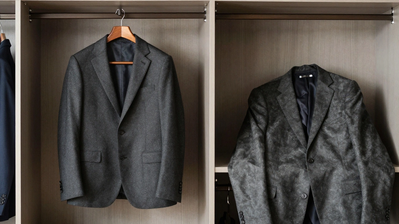 Well-fitted wool suit hanging neatly vs discarded cheap suit
