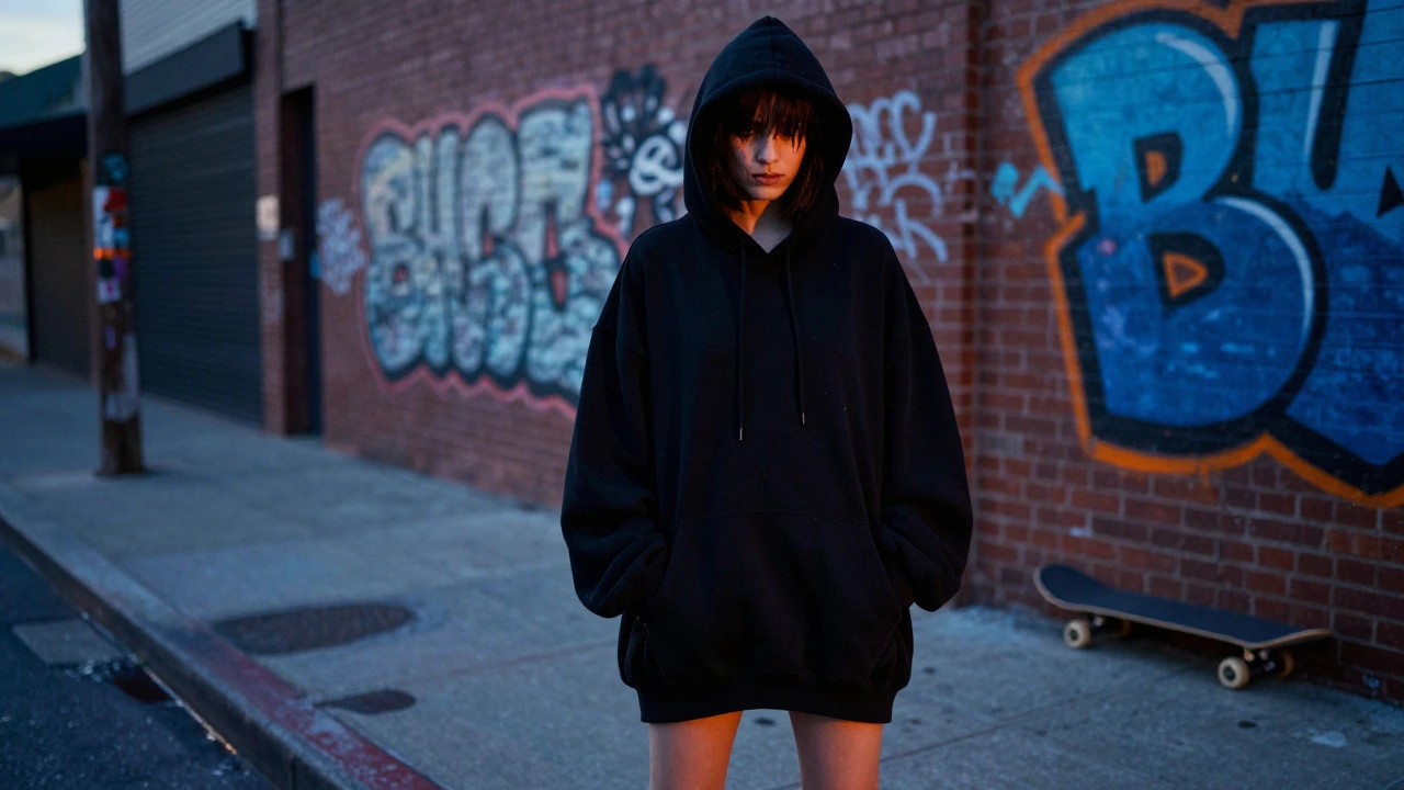 Young person in oversized hoodie on urban street at dusk, 90s style