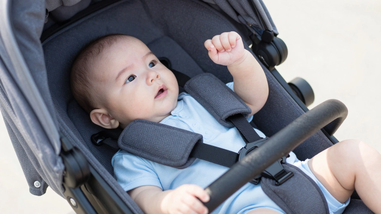 Baby rolling over in a standard stroller seat with harness