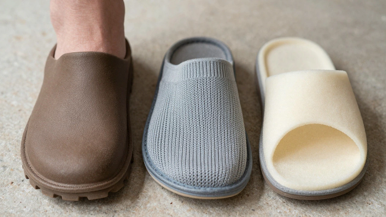 Close-up comparison of three slipper soles showing rubber, knit, and foam textures