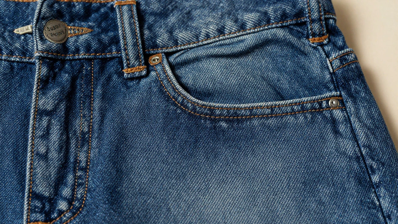 Close-up detail of high-quality denim waistband showing advanced stitching and texture