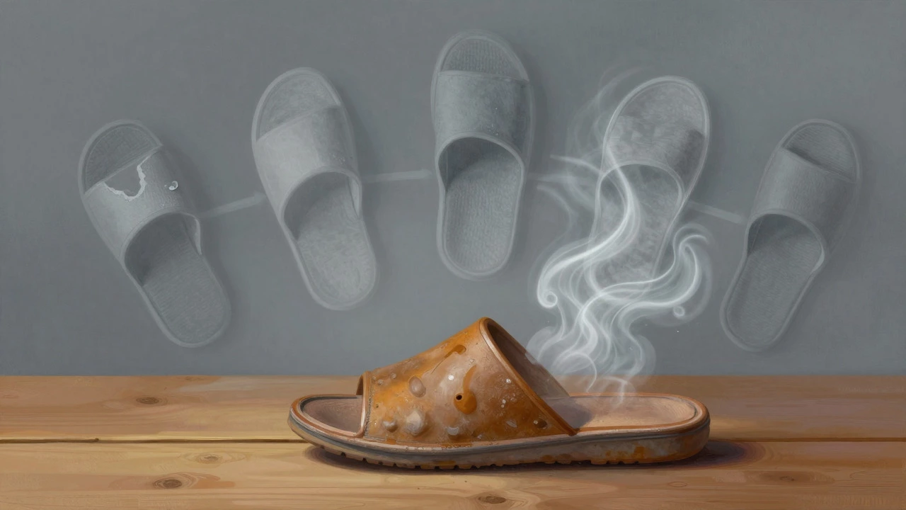 Conceptual art showing a durable slipper standing firm while cheap ones fade away