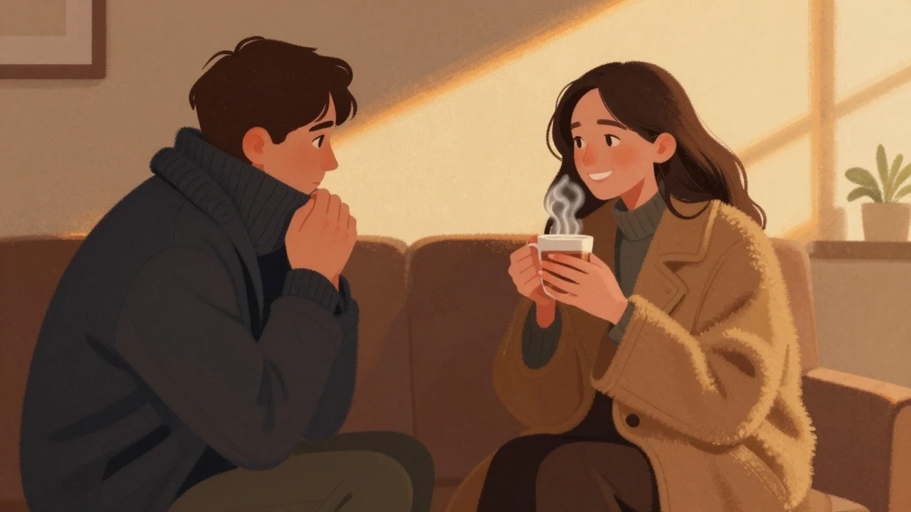 Couple sharing warmth indoors, one wrapped in a coat, both smiling