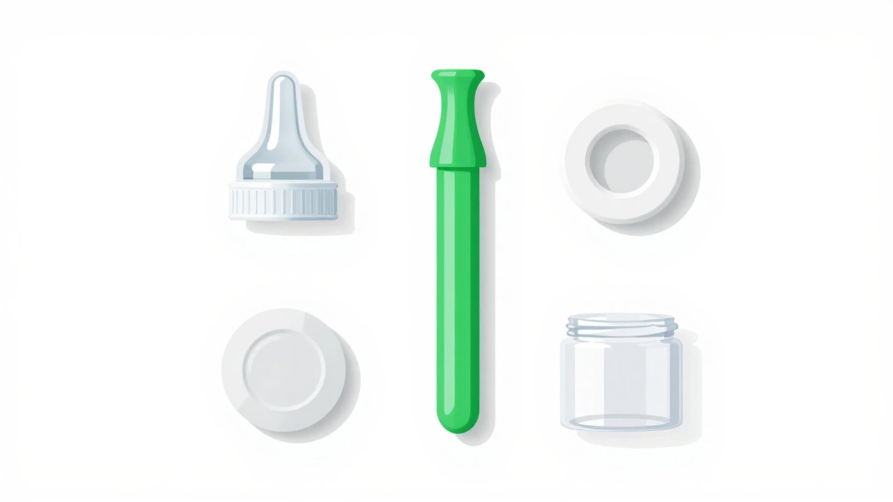 Disassembled parts of baby bottle laid out on white surface