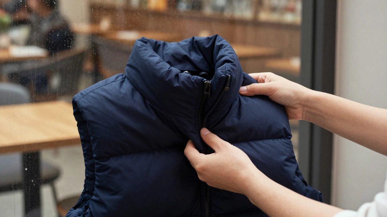 Hands gently exchanging a warm puffer vest in a cozy cafe setting