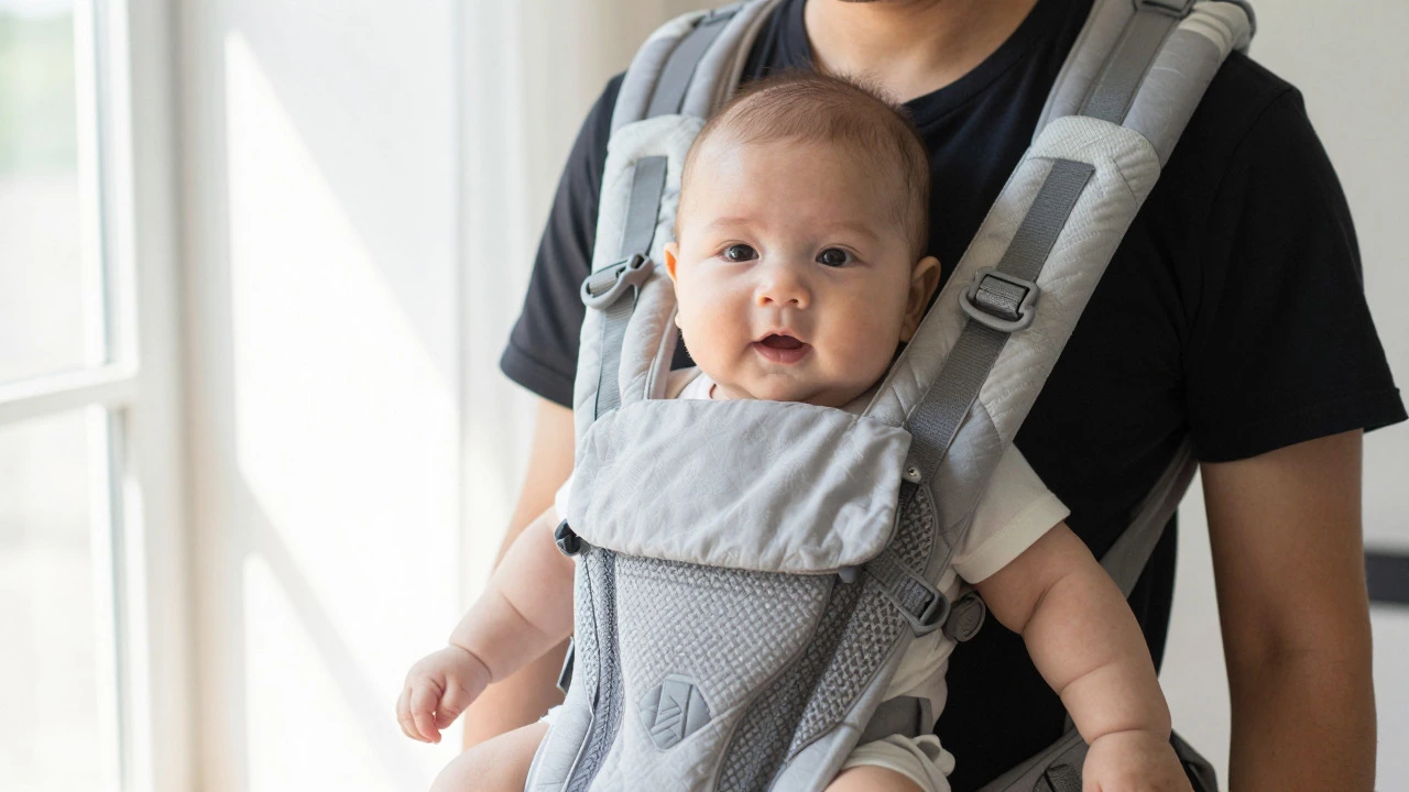 Infant in structured front carrier with head control