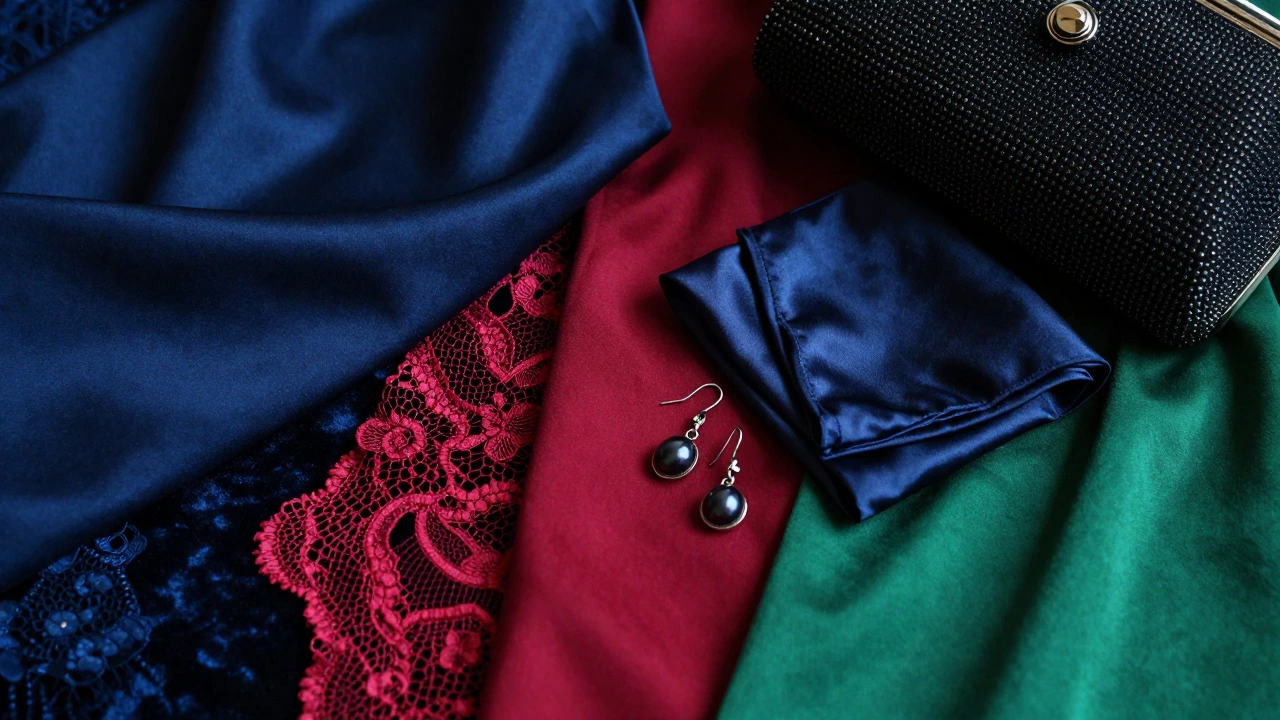 Luxurious evening wear fabrics and accessories display
