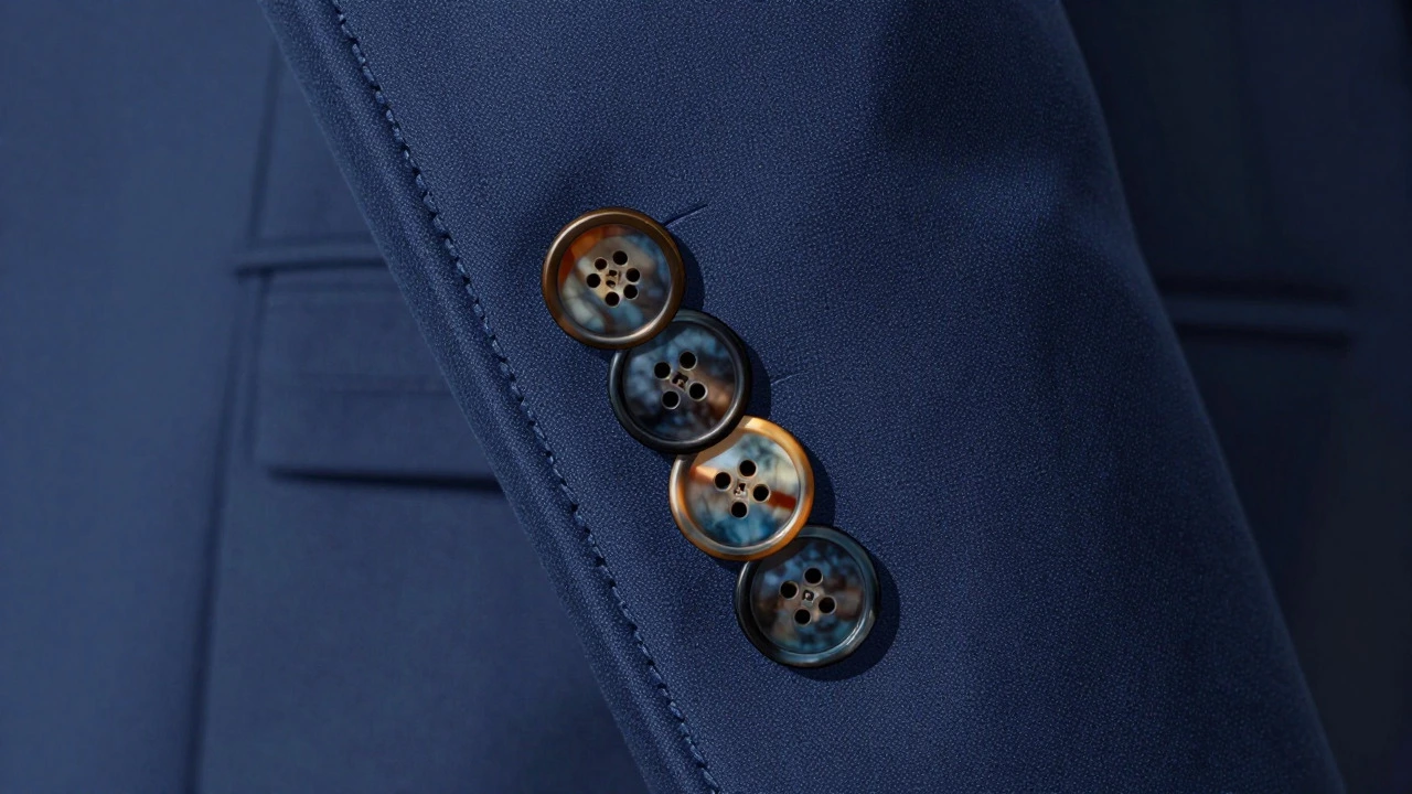 Macro view of hand-stitched buttonholes and horn buttons on a blazer